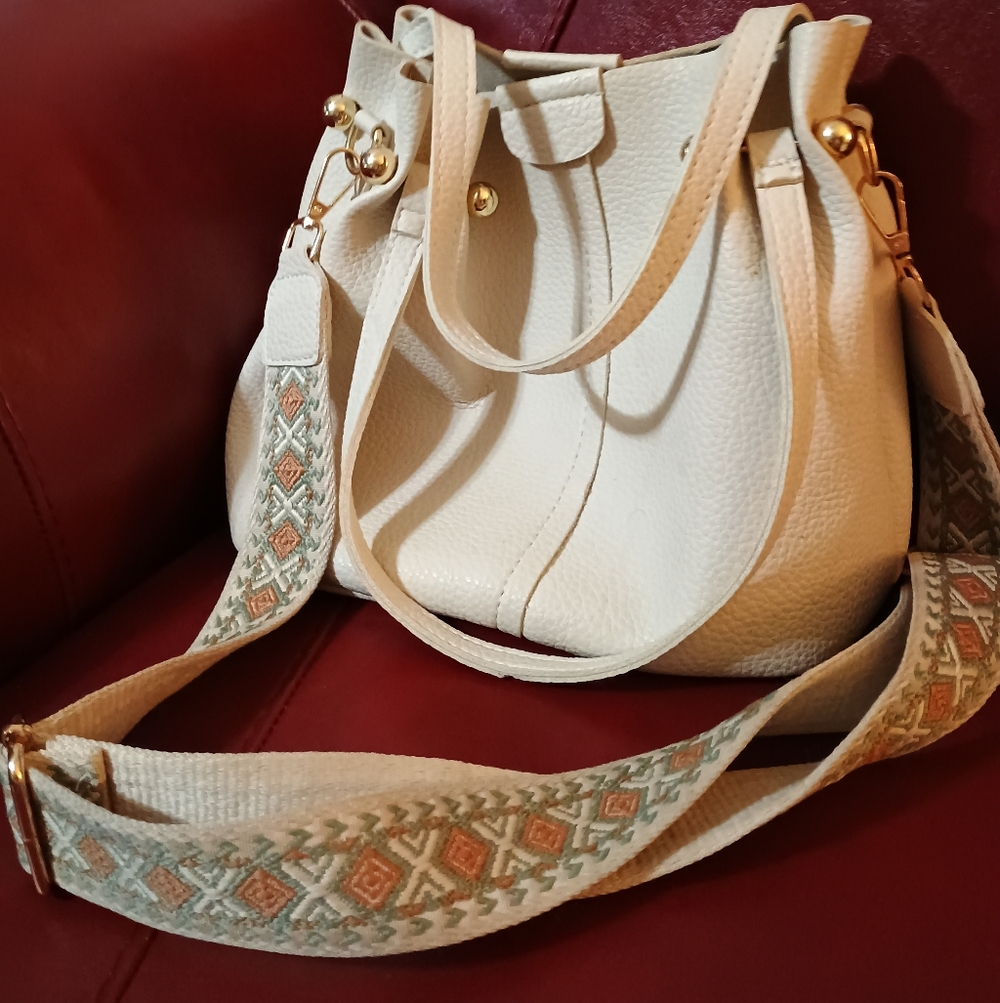 Cream Pebbled Leather Bucket Bag with additional Embroidered Shoulder Strap